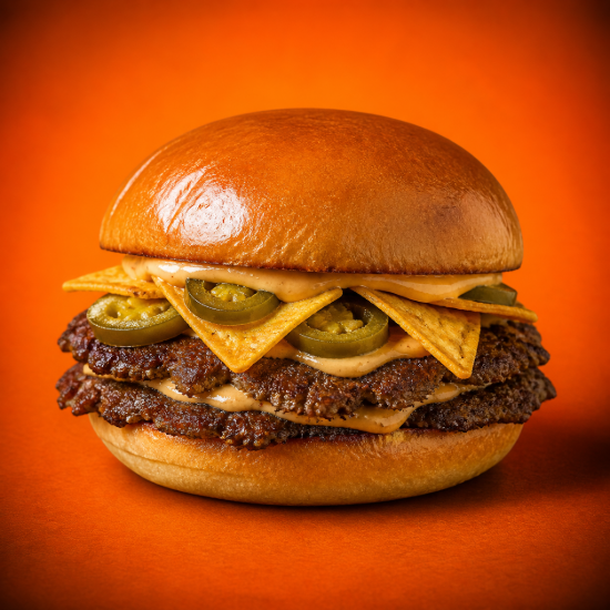 Mex Smash Burger with double smashed halal beef patties, jalapeños, crunchy nachos and signature sauce in a toasted bun from SmashBoxx Sidcup