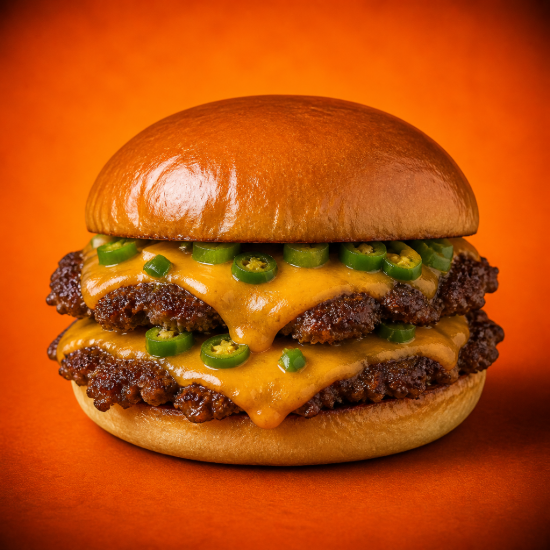 Green Chilli Cheese Burger with double smashed halal beef patties, melted cheese and green chillies served in toasted brioche buns from SmashBoxx Sidcup