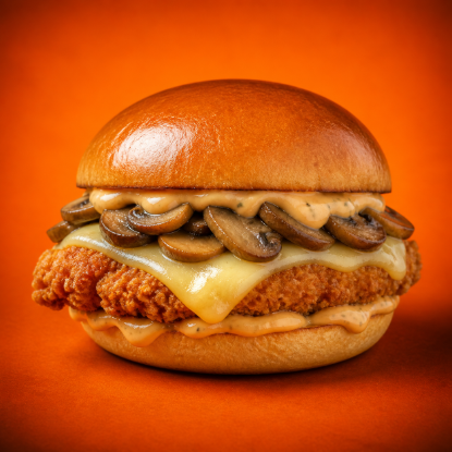 Rockin Chicken Mushroom Burger with crispy chicken fillet, sautéed mushrooms, melted cheese and burger sauce served in toasted brioche buns from SmashBoxx Sidcup